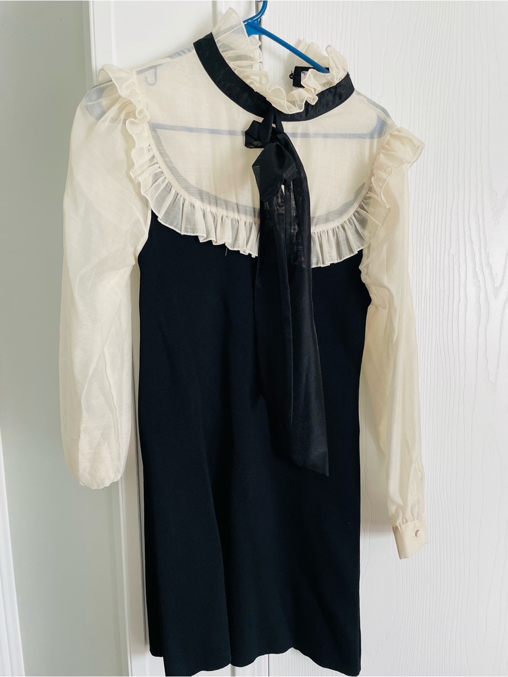 Zara Black Shift Dress with Ivory Ruffled Sheer Yoke